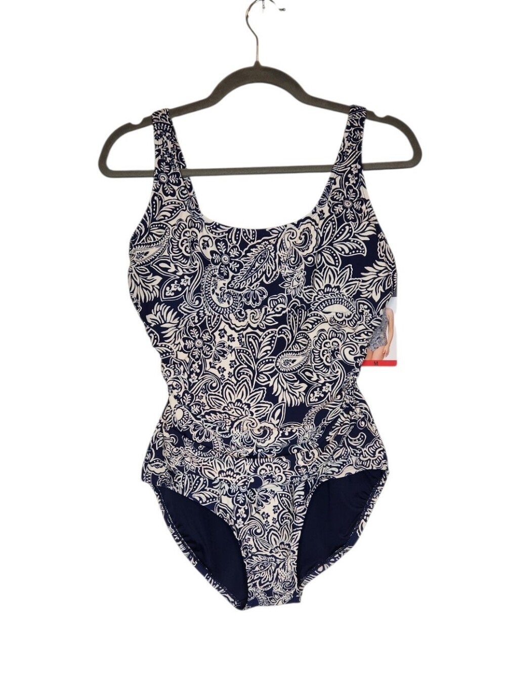 NEW Lands' End Navy and Cream Paisley One-Piece Ruched Swimsuit M